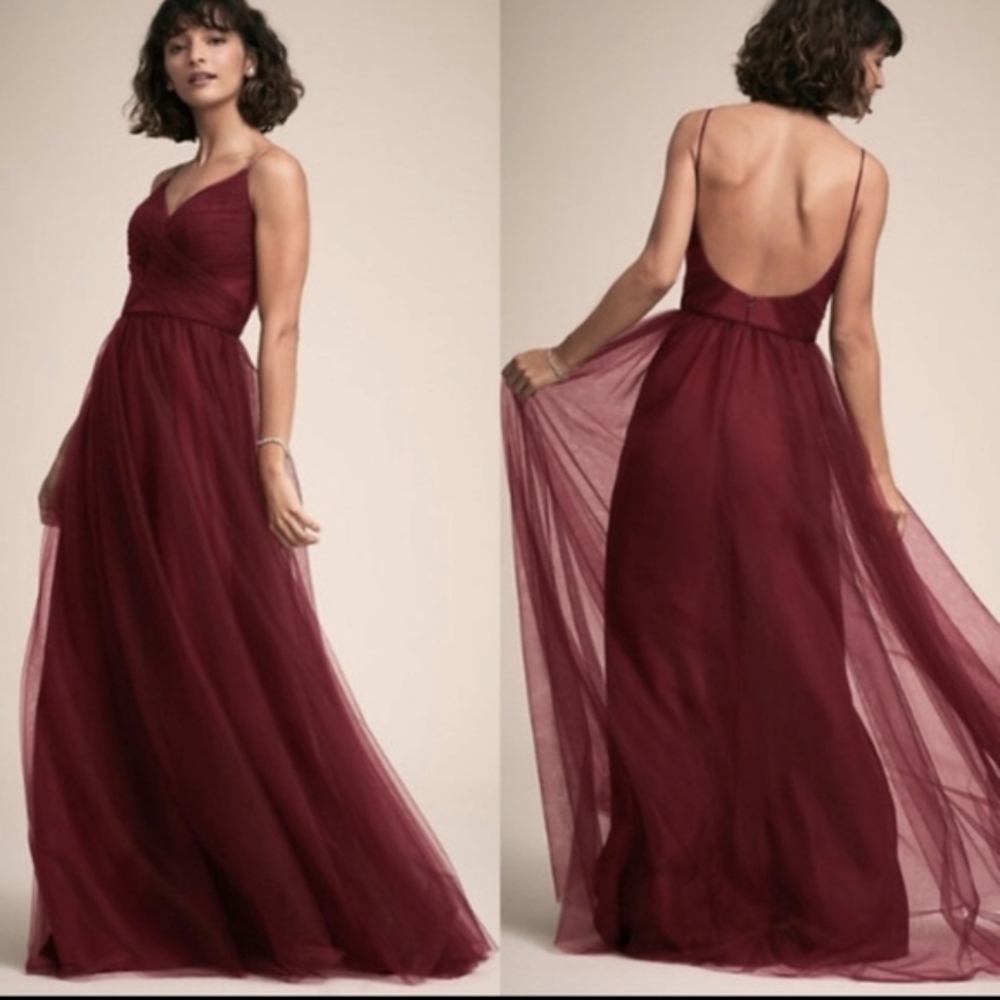 BHLDN Anthropologie Camden Bridesmaid Dress - Burgundy/Red Tulle Backless Maxi